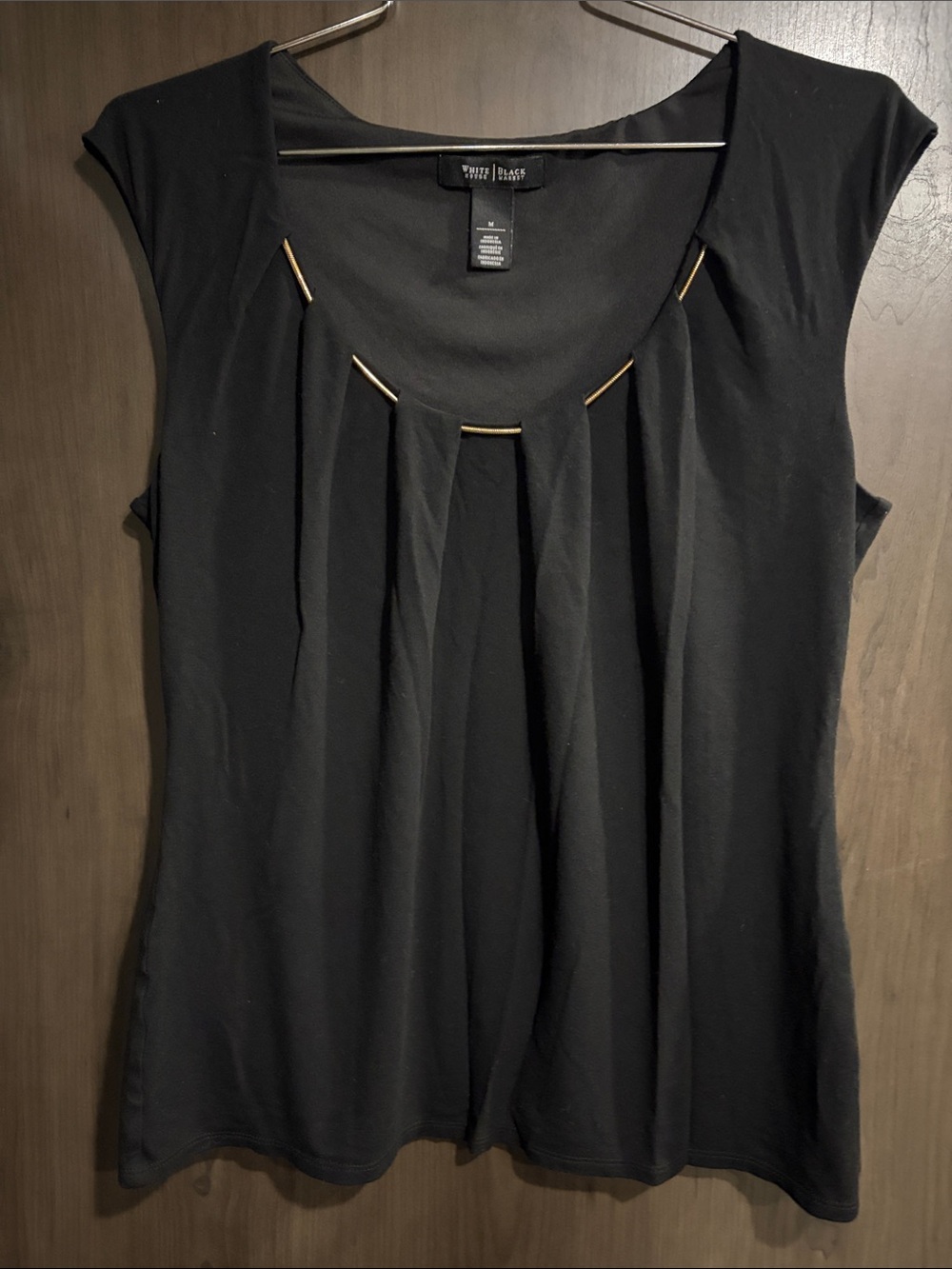 White House Black Market Black Cap-Sleeve Pleated Top with Gold Accents
